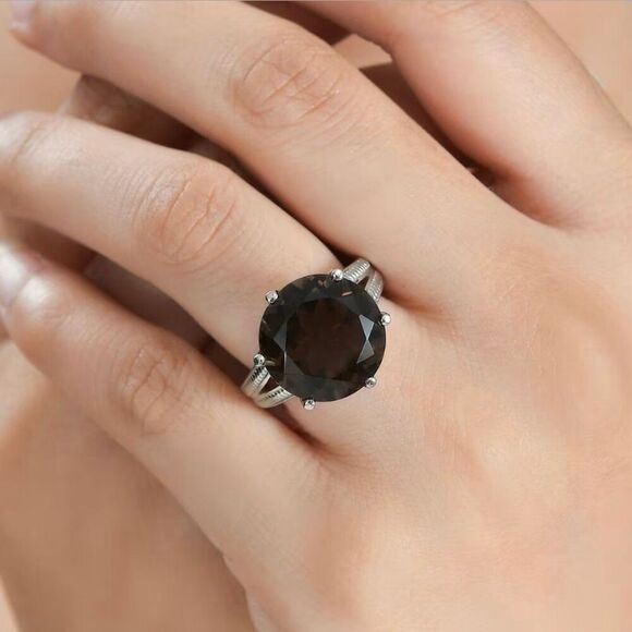 Faceted Brazilian Smoky Quartz 12.10 ctw Solitaire Ring Size 7 New - Picture 3 of 6